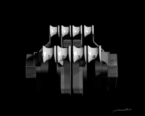 A light-and-shadow study of the 747 throttle quadrant, isolated in chiaroscuro to reveal its sculptural presence and the iconic power of the cockpit.