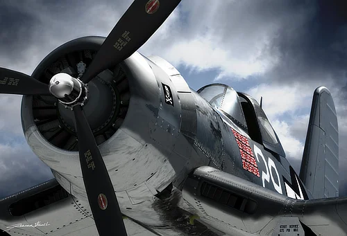 Vue de face en trois-quarts du Corsair F4U, où la masse imposante du nez et l’élégance des lignes se révèlent dans un rendu 3D vibrant et détaillé.