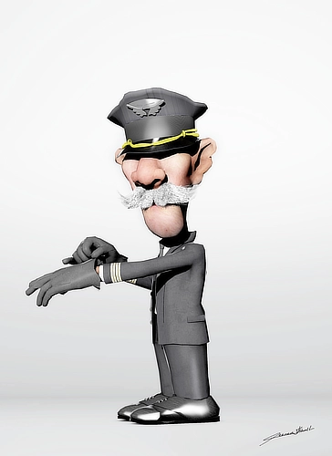 3D model: caricature of a British‑style pilot with grand moustaches, facing the viewer as he slips on his gloves.