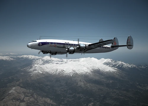 Illustration 3D d’un Super Constellation Air France survolant un massif montagneux, baigné de lumière et capturant l’élégance intemporelle de l’aviation classique.