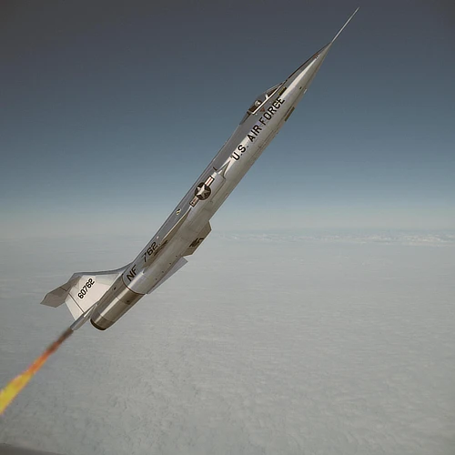 Illustration 3D d’un F-104 NF dédié aux essais de très haute altitude, fusée allumée en pleine ascension. La scène rend hommage aux pionniers du vol extrême, avec un clin d’œil assumé à l’esprit des p