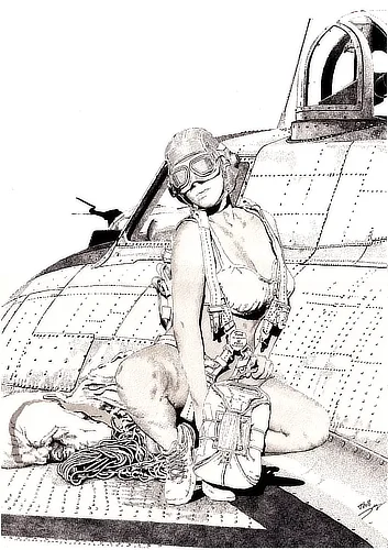 Accroupie sur l’aile du B‑17, elle garde le parachute posé derrière elle comme une trace de mouvement.  Métal, tissu, posture.  Une image tenue dans le calme.