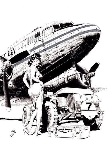 In front of the DC‑3 and the Supercharged Bentley, the pin‑up in her evening dress looks down at the suitcase on the ground with a playfully helpless expression. With the elegance of the car, the vint