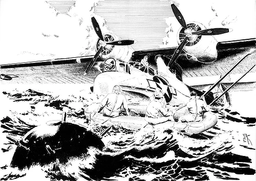A Catalina battles the raging sea, resting between towering waves like a fragile lifeline. Nearby, a survival raft is tossed around, its occupants clinging on.   In the foreground, a naval mine rises 