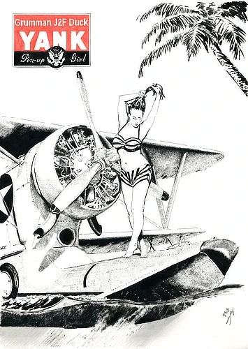 Perched on the float of the Grumman Duck, the pin-up adjusts her hair, swimsuit shimmering above the restless water.   The sea laps at the float as if holding its breath. Is she about to dive in… or j