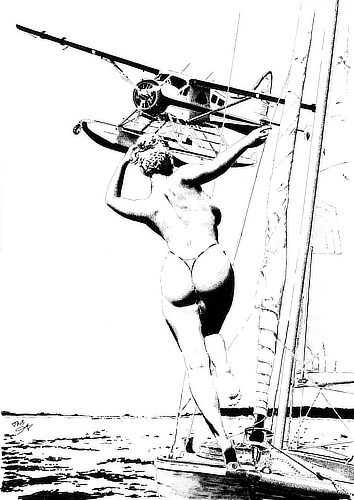 Clinging to the sail line with one hand, her silhouette carved by the summer light, she stands above a perfectly calm sea, an instant suspended in time.   A Beaver skims low over the water, passing ju