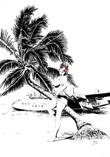 Appuyée contre le tronc couché d’un palmier, elle rajuste son paréo d’un geste lent, le soleil dessinant des reflets chauds sur sa peau. La plage respire la tranquillité, et juste derrière elle, le La