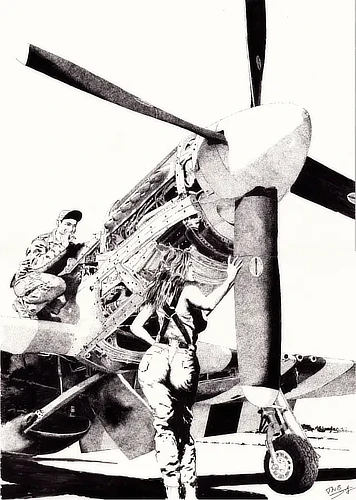 Sur le tarmac baigné de lumière, le P-51 Mustang domine la scène. Sur l’aile, le mécano sourit, cigarette au coin des lèvres, captivé par la femme qui lui fait face.   Pour nous, elle n’est qu’une sil
