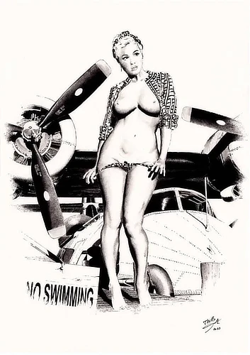 Accosté à un petit ponton, le Catalina flotte tranquillement, sa coque blanche reflétant l’eau calme. À côté d’une pancarte No Swimming, une pin-up encore humide s’habille — ou se déshabille — en tout