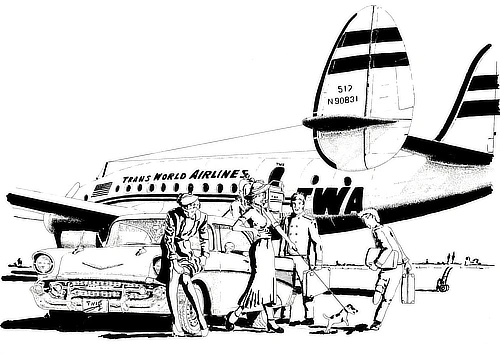 Devant l’imposant Super Constellation TWA, une élégante voiture vient de s’arrêter sur le tarmac. Deux voyageuses raffinées en descendent, suivies de deux porteurs chargés de leurs valises. Le chien d