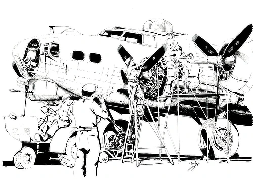A team of female mechanics works with focused precision on a World War II bomber, while a military photographer captures their skill and determination. A rare moment highlighting the essential role th