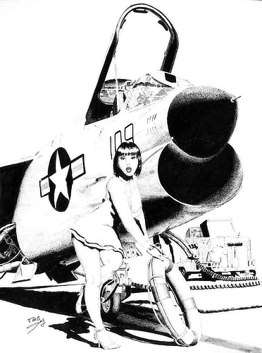 Devant le puissant Crusader, la pin‑up serre sa bouée avec un air de surprise irrésistible.   Sa silhouette contraste avec la présence imposante du chasseur embarqué,   comme si le jet l’avait prise d