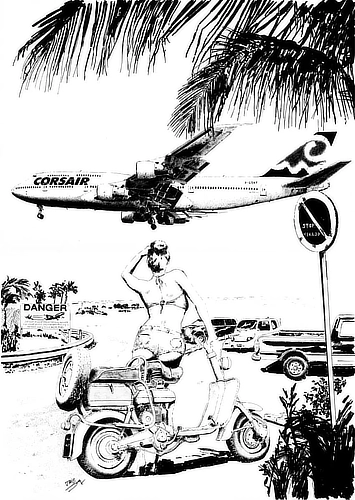 Un 747 descend vers Juliana, immense et silencieux dans la lumière chaude. À l’arrêt sur son scooter, elle lève les yeux vers le géant, comme happée par une envie d’ailleurs. Dans ce souffle suspendu,