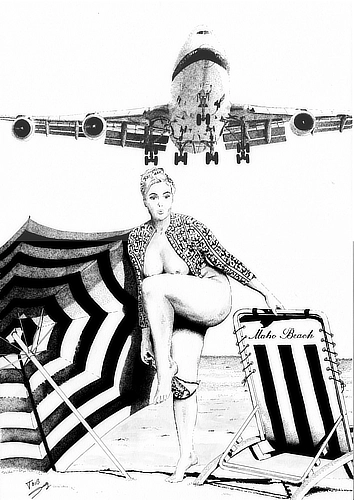 On the beach of Saint Martin, a pin‑up slips her clothes back on while a 747 roars overhead on final approach.   The contrast between her effortless grace and the power of the giant airliner creates a