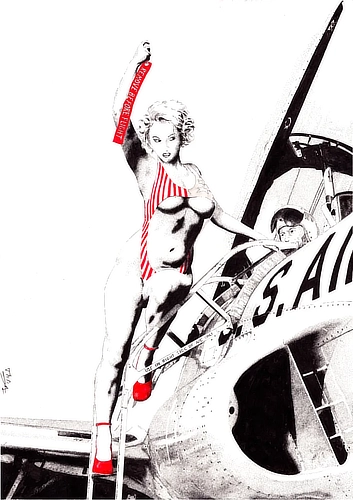 In her Stars & Stripes swimsuit on the T‑33 ladder, the pin‑up lifts a safety pin with a sly sideways glance.   The pilot, stunned or amused, looks as if he’s still trying to figure out how she manage