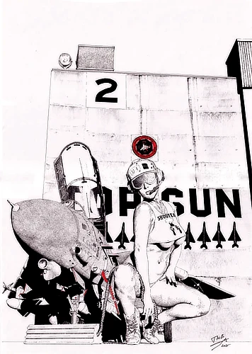 Crouched on the ground in front of the F‑14 Tomcat, the pin-up—helmet and goggles in place—shoots us a look that’s as serious as it is enticing.   With the Top Gun hangar behind her, she seems ready t