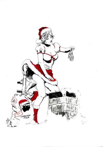 A Christmas pin‑up about to drop a grenade down the chimney, a Corsican bag full of weapons at her feet… in short, just a Corsican Christmas!
