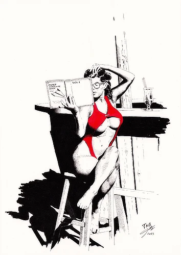 Sitting at a beach bar in a stylish swimsuit, a pin-up reads with great concentration a book about the art of paper airplanes. Between sips of her drink, she looks as if she’s studying for a tropical 