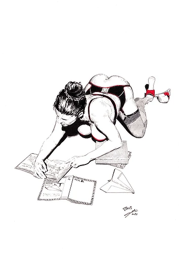 A lightly dressed pin-up, garter straps subtly revealed, absorbed in a book about paper airplanes.  An intimate, refined ink illustration where controlled sensuality meets aeronautical poetry.