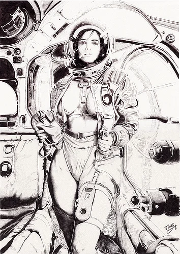 A space girl ready to challenge the stars, balancing vulnerability and power.