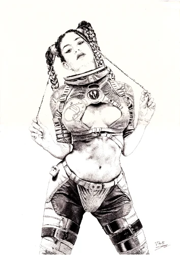 Space girl pin-up en pose sidérale